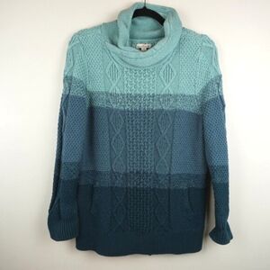 LL Bean Signature Teal Colorblock Heavy Knit‎ Funnelneck Sweater Size Large
